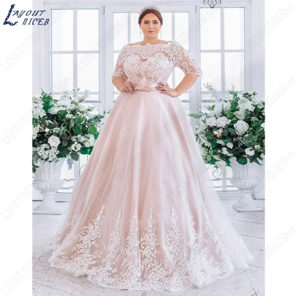 Top Trends: LAYOUT NICEB Lace Appliques Plus Size Bride Dresses Half Sleeve Wedding Gowns Back Lace Up A-Line Tulle Custom Made Vestido 2024 Shoppable Styles