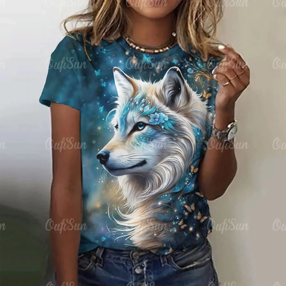 Top Trends: New T-shirt For Women Wolf Print Tees O Neck Loose Short Sleeve Blouse Female Fashion Animal Graphic Tops Harajuku Streetwear Shoppable Styles