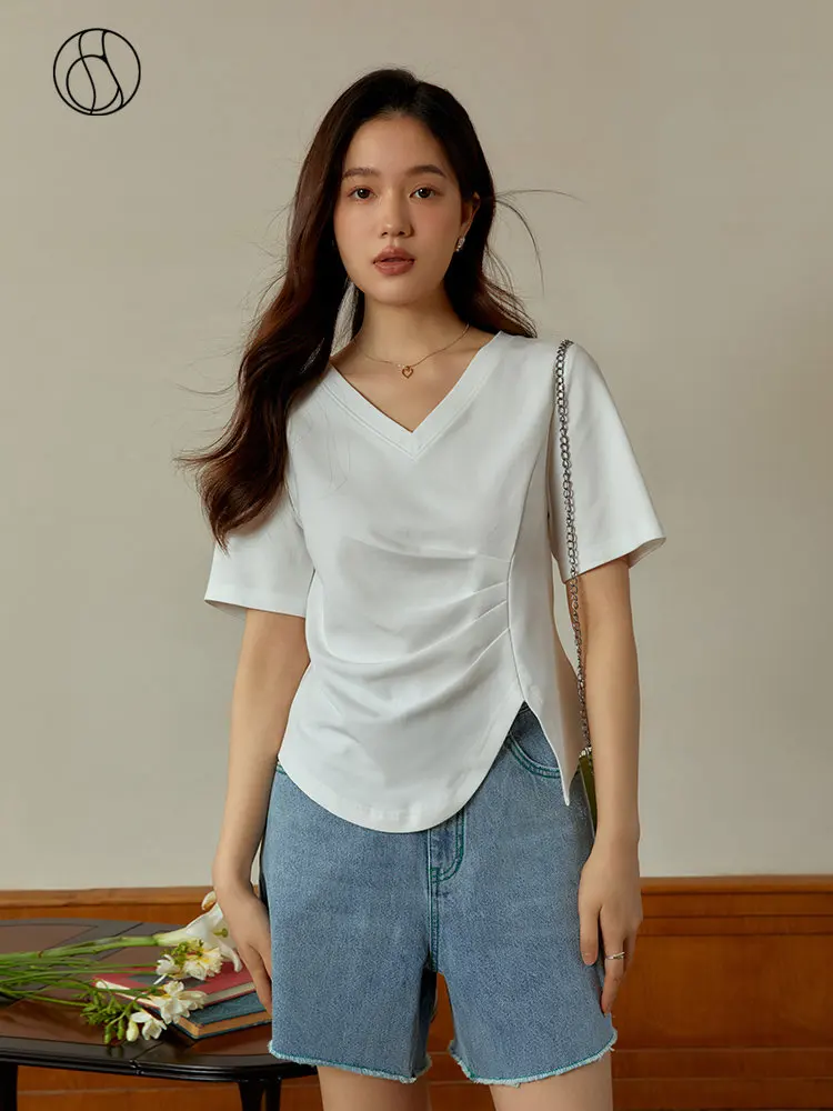 Top Trends: DUSHU Office Lady Irregular V-neck Pleated Shoulder Black T-shirt For Women's Summer 2023 New Basic White Top For Women Shoppable Styles