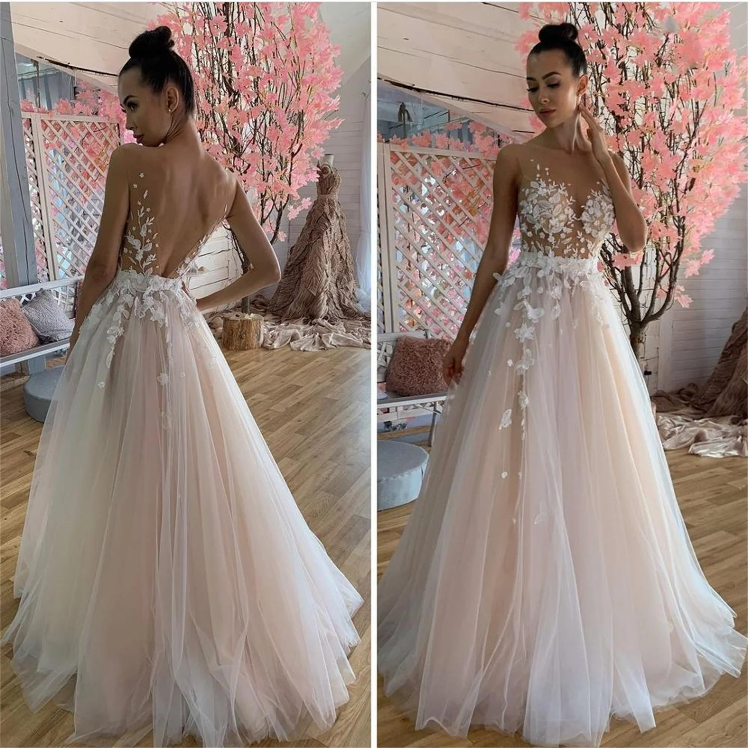 Top Trends: Sexy Illusion Tulle Lace Appliques Wedding Dress 2023 Sweep Pink A Line Sweetheart Off The Shoulder Bridal Backless Vestidos Shoppable Styles