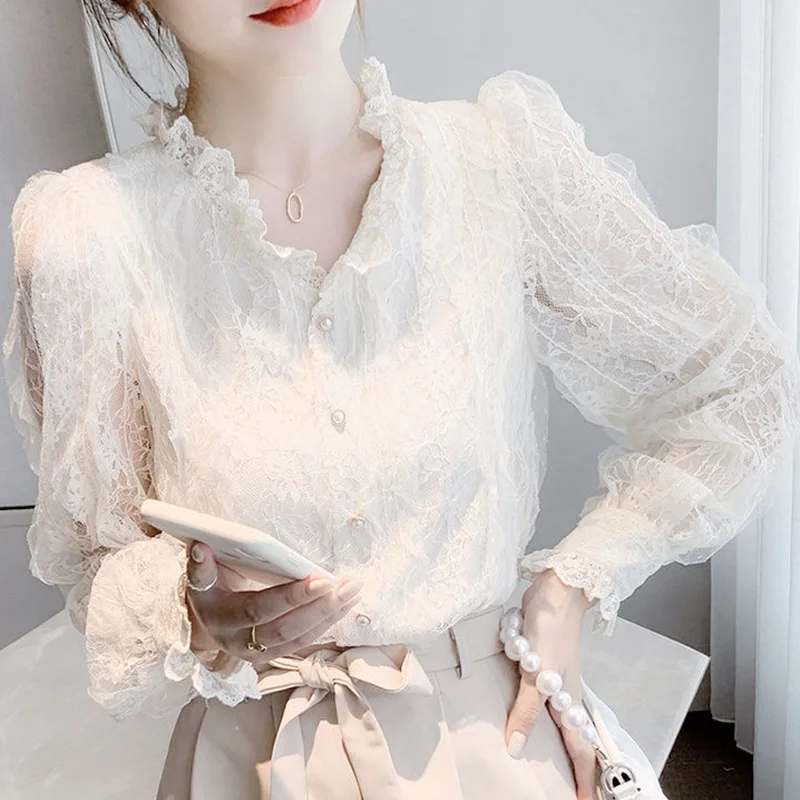 Top Trends: Sweet V-Neck Button Spliced Ruffles Hollow Out Lace Shirt Female Clothing 2023 Autumn New Casual Tops Loose Office Lady Blouse Shoppable Styles