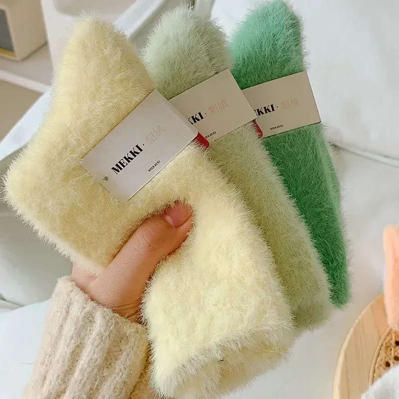 Top Trends: 1 / 3pairs New Women Solid Cozy Mink Velvet Socks Winter Hosiery Thicken Warm Pure Color Sleep Bed Floor Home Fluffy Sock Harajuku Shoppable Styles