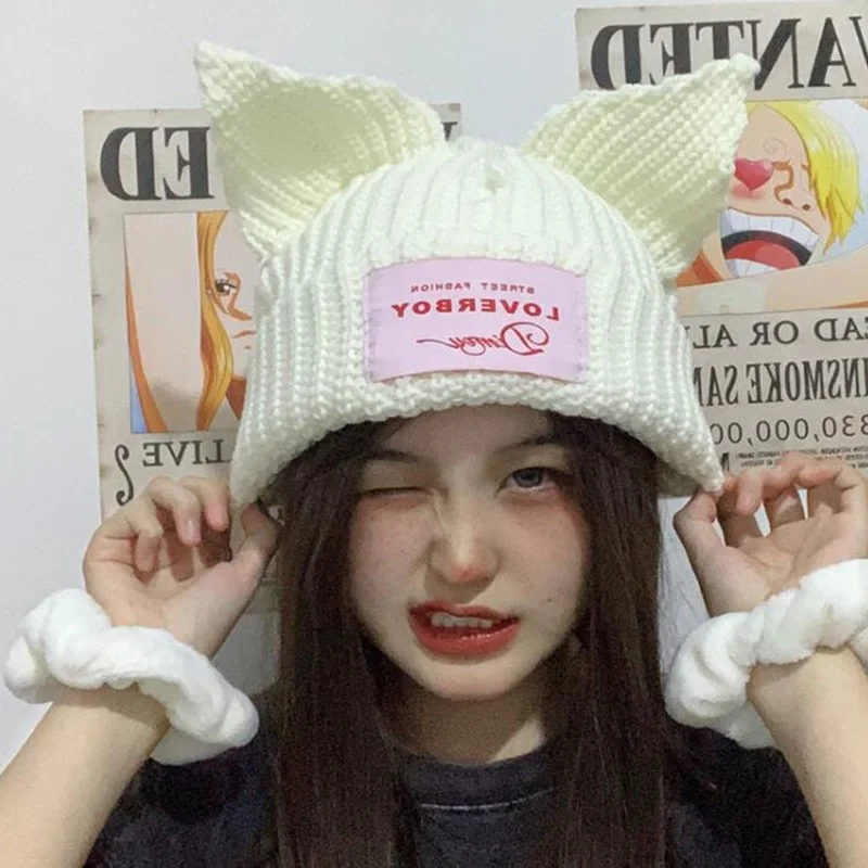 Top Trends: Bunny Bonnets Pig Ear Knit Hats Double-layer Warm Cat Ear Woolen Hat Cute Hooded Cap Niche Design Hip-hop Hat Rabbit Ear Beanies Shoppable Styles