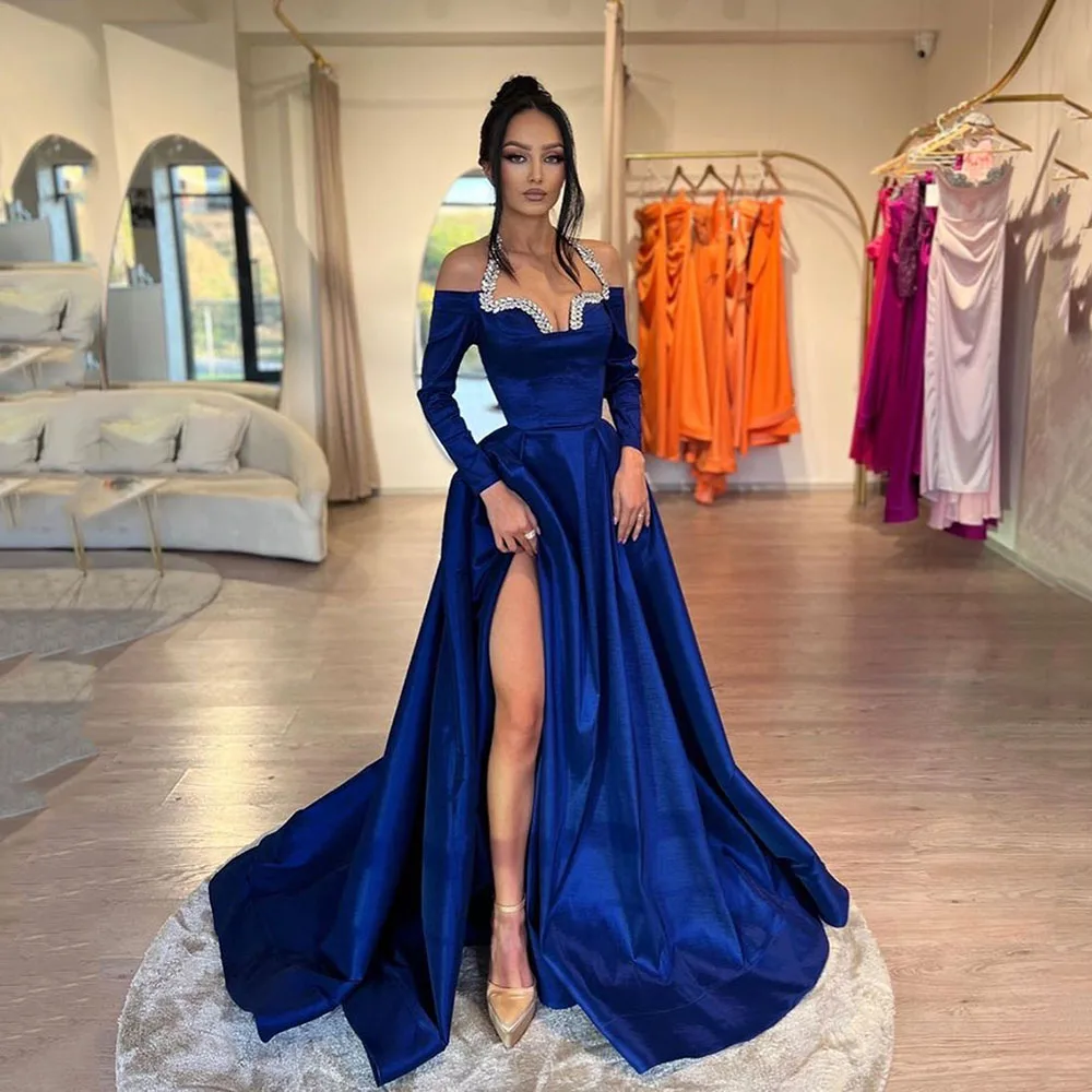 Top Trends: SoDigne Royal Blue Formal Evening Dresses For Women Sequins Halter Long Sleeves Special Occasion Dress Split Party Prom Gowns Shoppable Styles