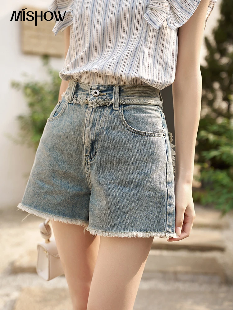 Top Trends: MISHOW Women&#039;s Retro Denim Shorts 2023 Summer Tassel Edge High Waist Distressed Pockets Casual Versatile Short Pants MXC35K0086 Shoppable Styles