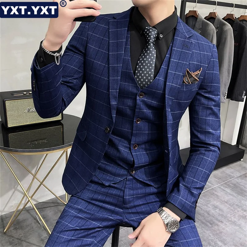 Top Trends: Men&#039;s Suit For Wedding 2023 New In Bule Plaid Business Casual Blazer Pants Vest 3 Pieces Sets Elegant Male Clothing Shoppable Styles