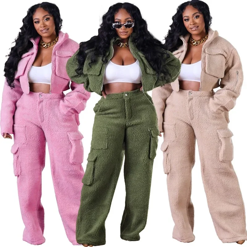 Top Trends: Women Solid Woolen Fleece Casual 2 Piece Set Multi 3D Pockets Long Sleeve Zipper Short Jackets Top High Waist Cargo Pants Suit Shoppable Styles