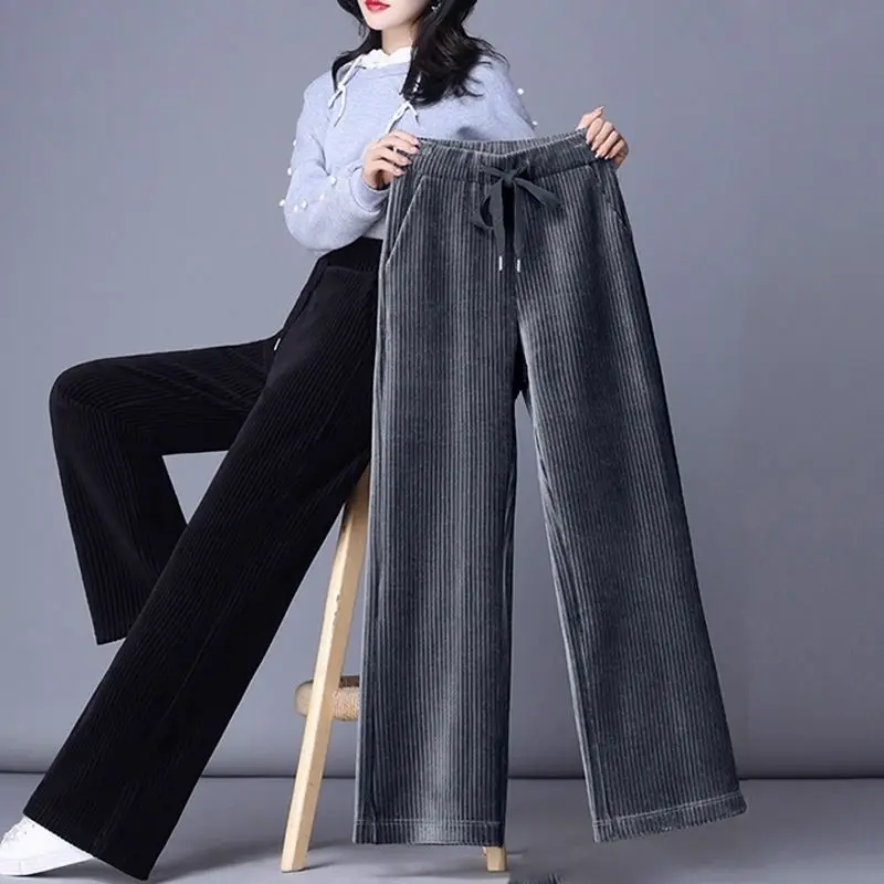 Top Trends: Winter Corduroy Thicken Loose Wide Leg Pants Pockets High Waist Solid Elastic Lace-up Casual Oversize Women Straight Trousers Shoppable Styles