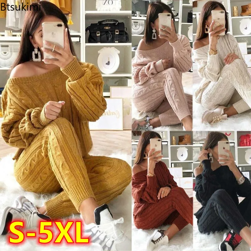 Top Trends: Plus Size 4XL 5XL Womens Outfits Autumn Winter Tracksuit Set Knitted Sweater And Pants Two Piece Set Women Sweater Pants Sets Shoppable Styles