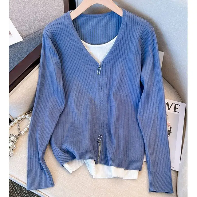 Top Trends: 2023 New Spring And Autumn Fashion Fake Two Piece V-neck Zipper Long Sleeve Patchwork Loose Relaxed Pullover Knitted Sweater Shoppable Styles