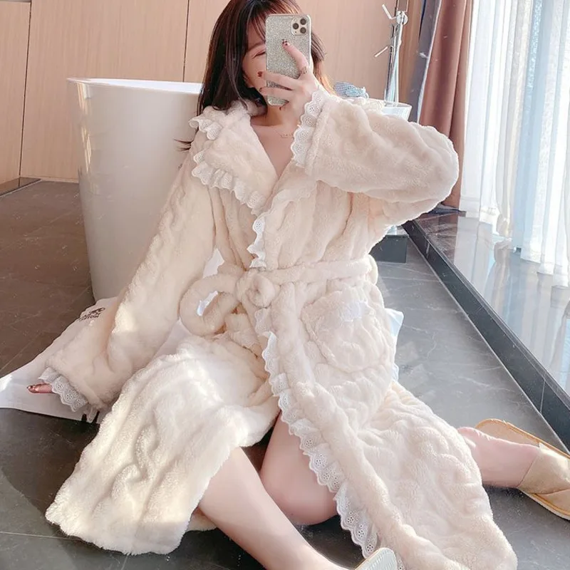 Top Trends: Winter Robe Women Fleece Long Sleeve Lace Night Dress Pajama Warm Nightgown Sleepwear Kimono Bathrobe Nightdress Robes Homewear Shoppable Styles