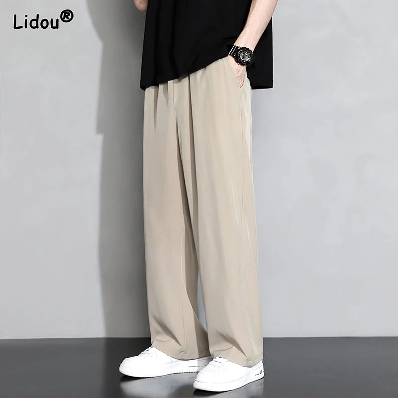 Top Trends: 2023 Men&#039;s Clothing Sports Solid Color Office Elastic Waist Loose Man Straight Fashion Casual Thin Spring Summer Pockets Pants Shoppable Styles