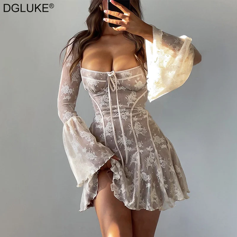 Top Trends: Elegant White Lace Dress Women Flared Long Sleeve A-Line Mini Dress Off Shoulder Short Party Evening Dresses For Women 2024 Shoppable Styles