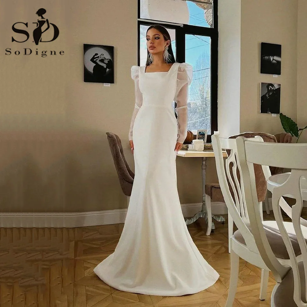 Top Trends: SoDigne Classic Satin Wedding Dresses Mermaid Puff Sleeves Square Neck Bridal Gown With Button Wedding Party Dress Shoppable Styles