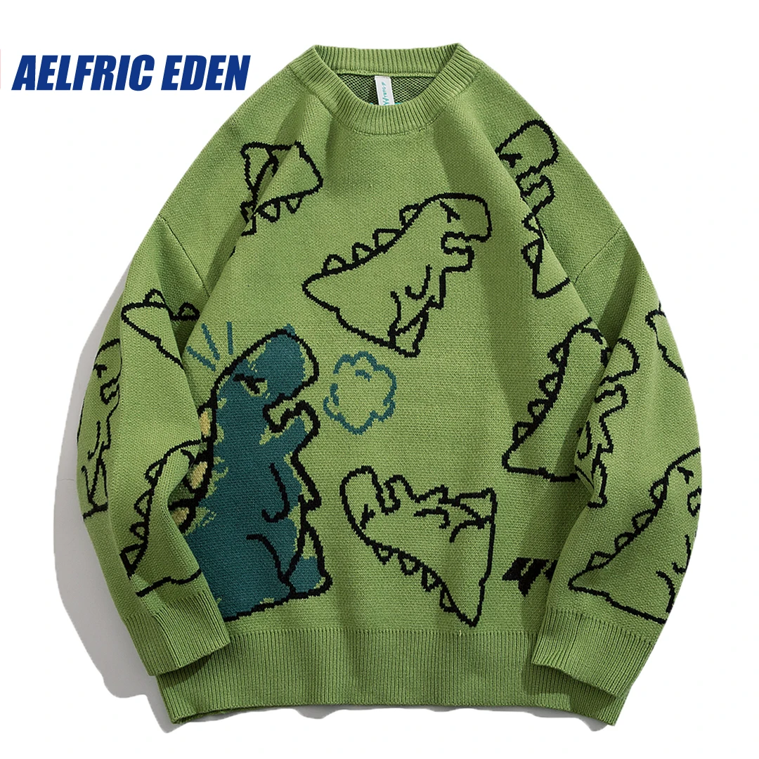 Top Trends: Aelfric Eden Dinosaur Cartoon Pattern Knit Sweater Retro Hip Hop Knitted Sweater Vintage Pullover Casual Wool Sweater Hipster Shoppable Styles