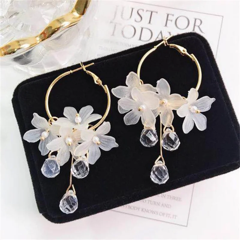 Top Trends: Korean Fashion Acrylic White Flower Dangle Earrings For Women Long Tassel Crystal Hanging Earrings Girl Wedding Party Jewelry Shoppable Styles