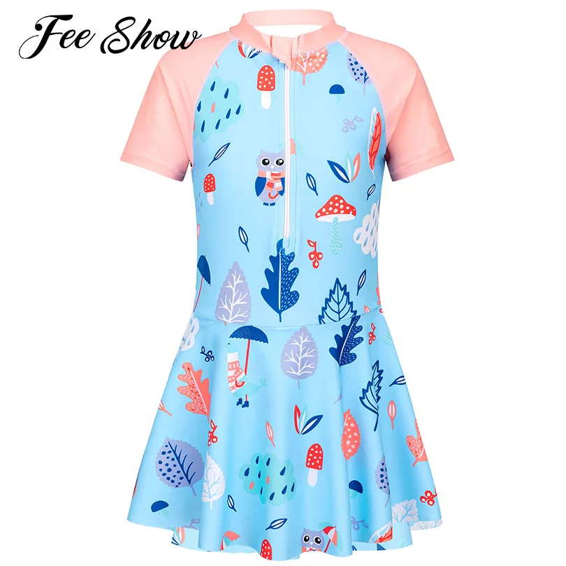 Top Trends: Cute Kids Girls Cartoon Print Swimming Dress Attached Underwear Short Sleeve Front Zip Bathing Surfing Dress Beachwear Swimwear Shoppable Styles