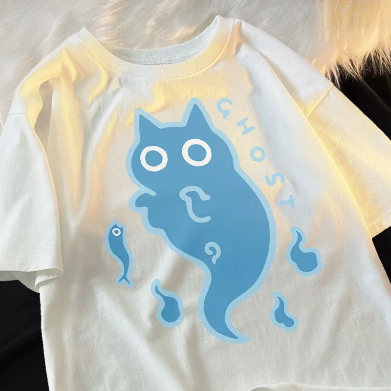 Top Trends: Creative Ghost Cat Blue Ghost Short Sleeve T-shirt Men And Women Ins Summer Relaxed Casual Cotton Couple Costume Y2k Clothing Shoppable Styles