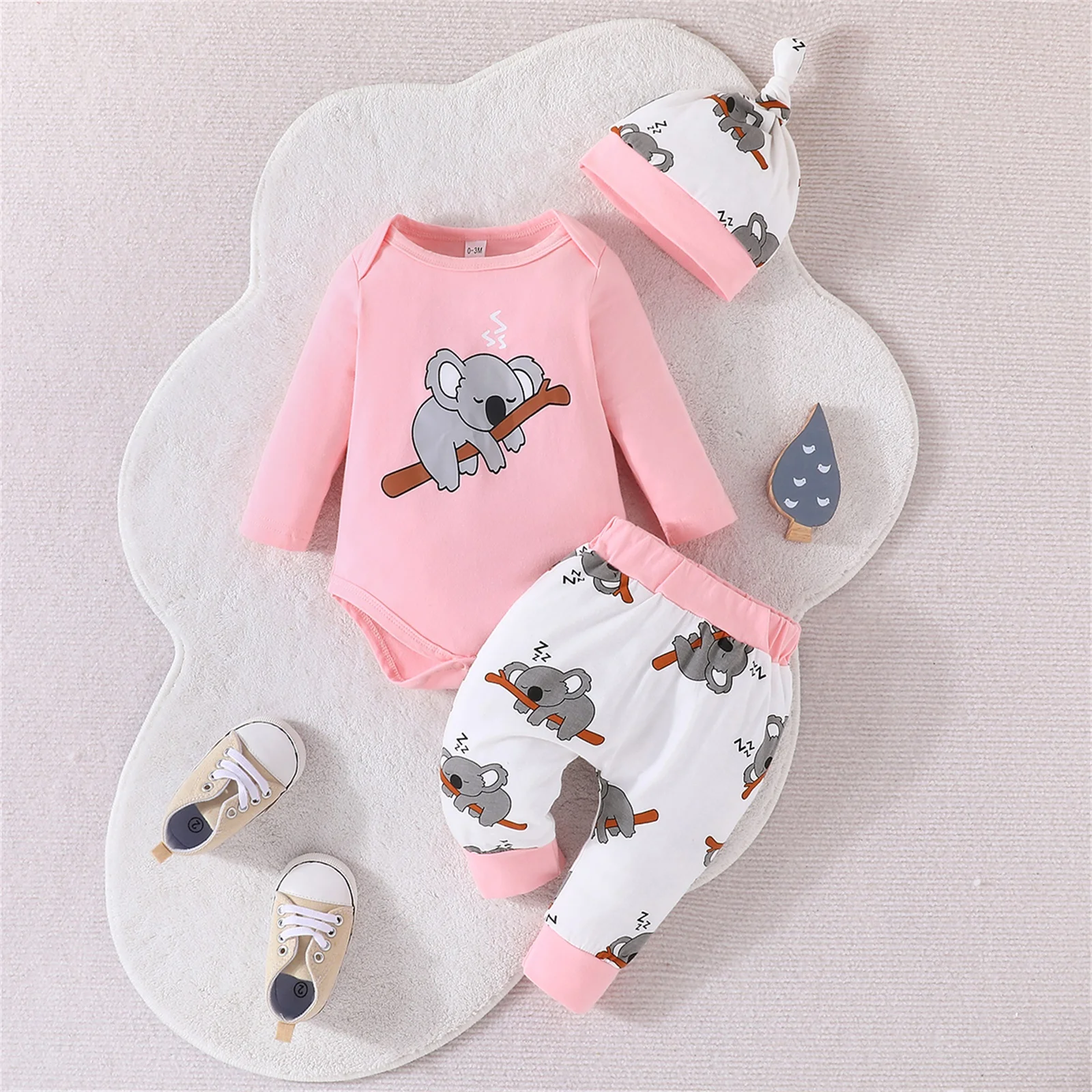 Top Trends: BeQeuewll Baby 3 Piece Clothes Outfits Cute Koala Print Long Sleeve Rompers And Casual Pants Beanie Hat Set For Infant Toddler Shoppable Styles