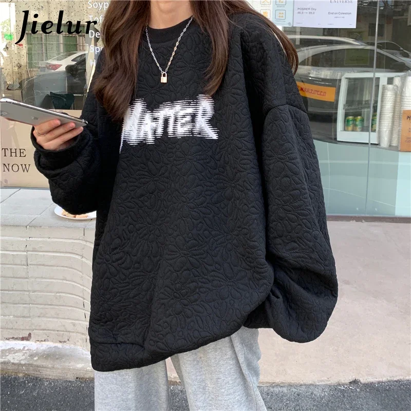 Top Trends: Jielur Autumn New Loose Korean O-neck Letter Sweatshirt For Women Black White Hoodies Pullover Female Top M-XL Size Shoppable Styles