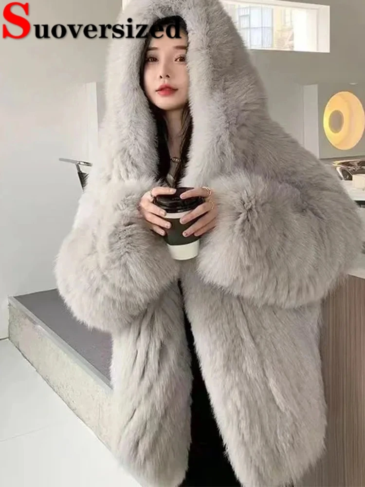 Top Trends: Hooded Winter Faux Fox Fur Jacket Thicken Luxury Furry Coats Warm Korean Jaqueta Feminina Loose High Quality Plush Chaquetas Shoppable Styles