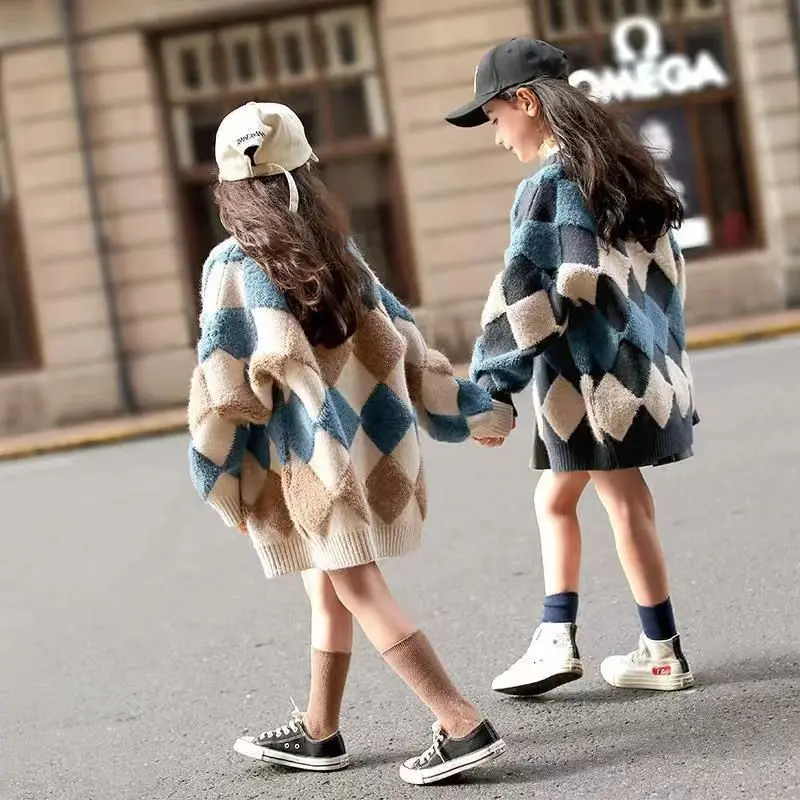 Top Trends: Girls' Autumn And Winter Fashion Knitted Sweater Children's Long Sleeve Loose Diamond Plaid Cardigan New Children's Knitted Coat Shoppable Styles