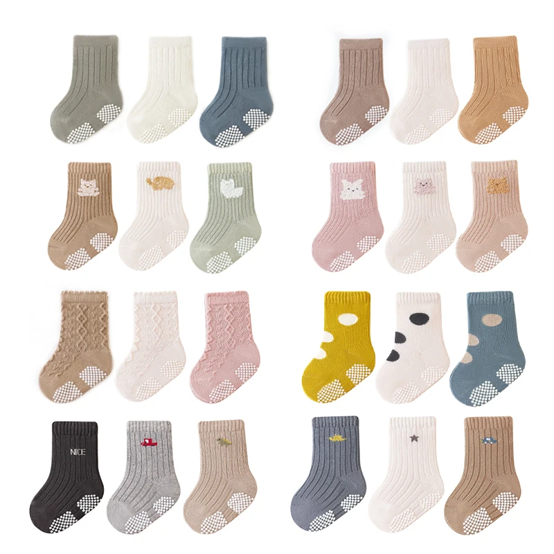 Top Trends: 3 Pairs / lot 2023 Autumn Winter Children Non-Skid Embroidery Cartoon Socks Baby Boys Girls 0-5Y Pure Cotton Solid Gripper Socks Shoppable Styles