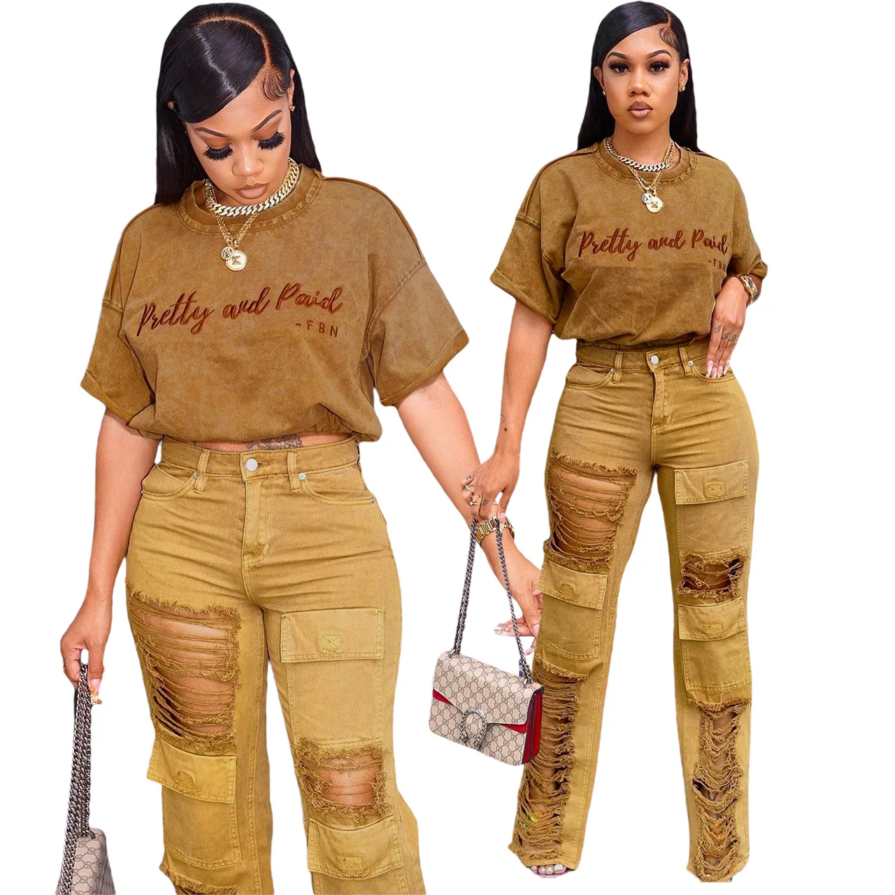 Top Trends: Echoine Short Sleeve Letter Embroidery Tshirt And Cargo Denim Pants Two Piece Set Casual Fashion Matching Set Streetwear Outfits Shoppable Styles