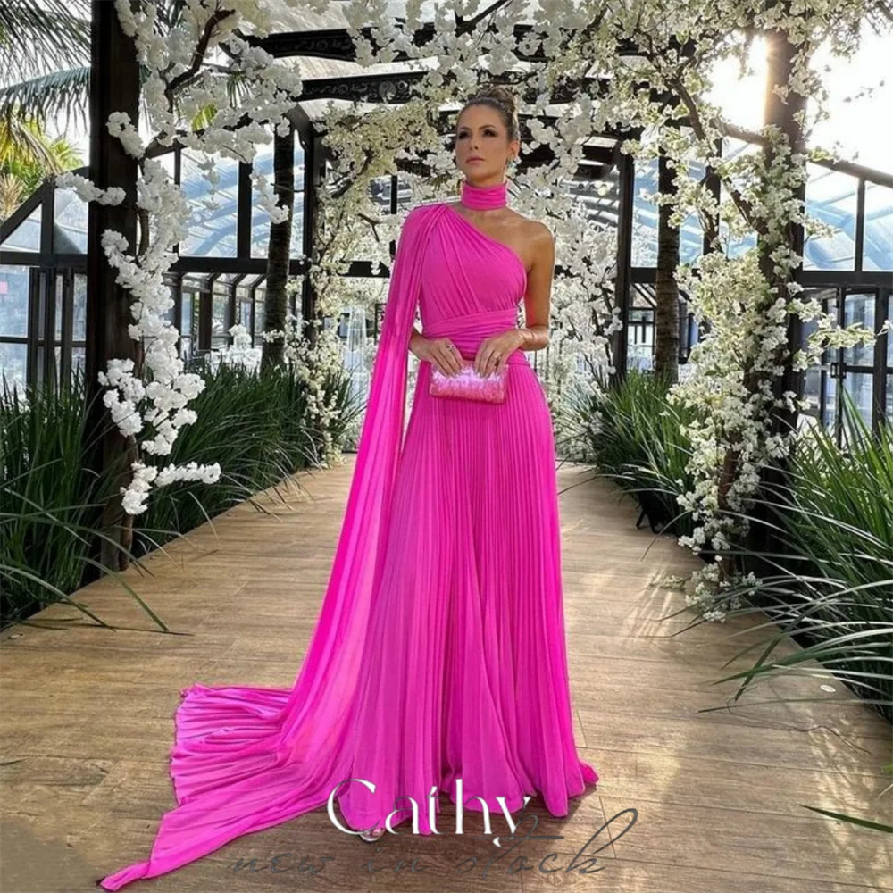 Top Trends: Cathy Fuchsia One Cape Sleeve Vestidos De Noche Pleated Fabric Prom Dress 2023 Sexy Chiffion A-line فساتين السهرة Shoppable Styles