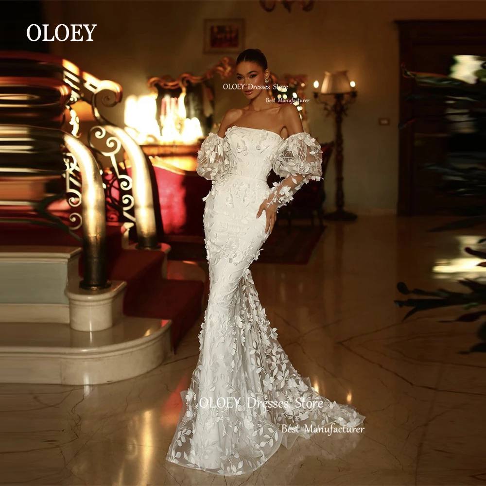 Top Trends: OLOEY 2023 Elegant Floral Lace Mermaid Wedding Dresses Puff Long Sleeves Strapless Floor Length Bridal Gowns Vestidos De Novia Shoppable Styles