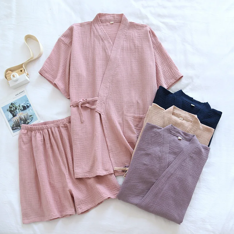 Top Trends: Summer New Style Japanese Kimono Pajamas Suit Couple Thin Cotton Crepe Men's Short-Sleeved Shorts Two-piece Women's Home Service Shoppable Styles