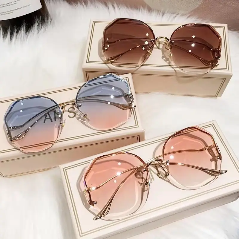 Top Trends: 2024 Luxury Round Gradient Sunglasses Women Metal Curved Temples Eyewear Ocean Rimless Fashion Sun Glasses Ladies UV400 Shoppable Styles