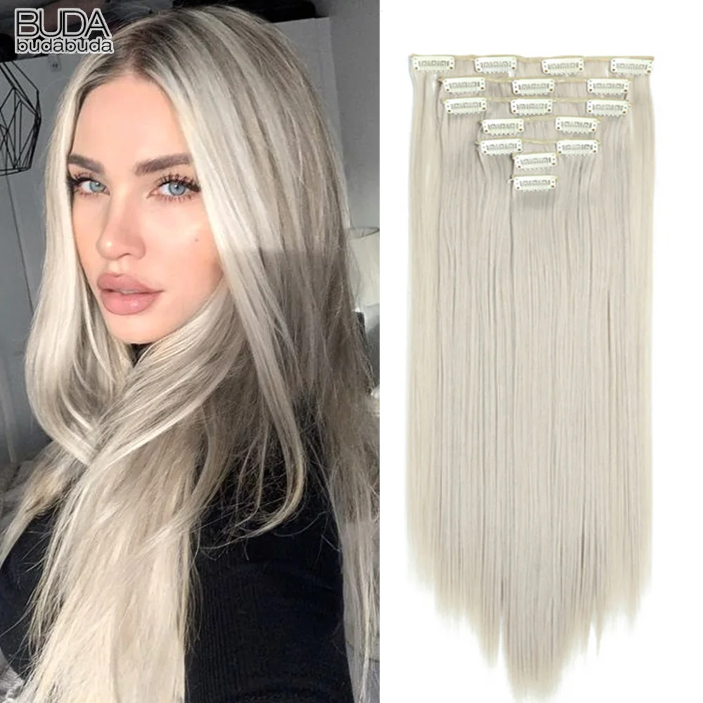 Top Trends: 22Inch Synthetic Long Straight Clip In Hair Extensions 16 Clips For Women Fake False Hair Pieces Ombre Black Blonde Styling Hair Shoppable Styles