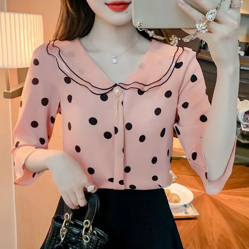 Top Trends: Sweet Peter Pan Collar Printed Flare Sleeve Polka Dot Blouse Women Clothing 2023 Summer New Oversized Casual Tops Beading Shirt Shoppable Styles