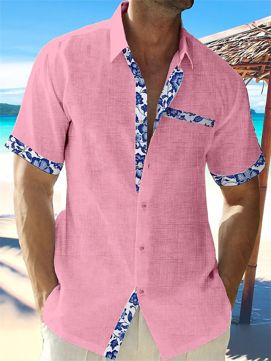 Top Trends: Fashion Men's Hawaiian Linen Shirt Men's Casual Solid Color Printed Beach Pocket Shirt Short Sleeves Plus Size 5XL New 5 Colors. Shoppable Styles - Image 5