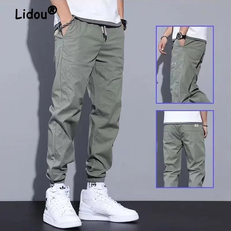 Top Trends: Casual Ventilate Patch Solid Color Men's Cargo Pants Classic Waist Drawstring Street Casual All-match Tie One's Feet Trousers Shoppable Styles