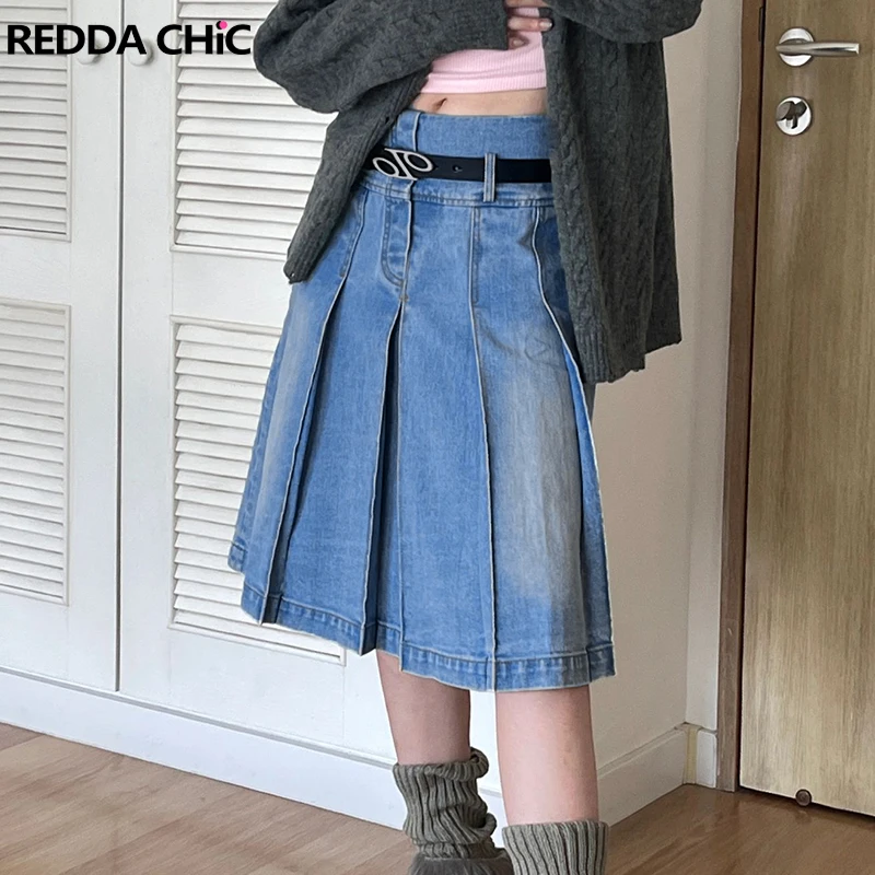 Top Trends: REDDACHiC Vintage Knee-length Midi Long Pleated Denim Skirt Women Acubi Fashion Grunge Y2k Streetwear Blue Jeans Bottoms Female Shoppable Styles