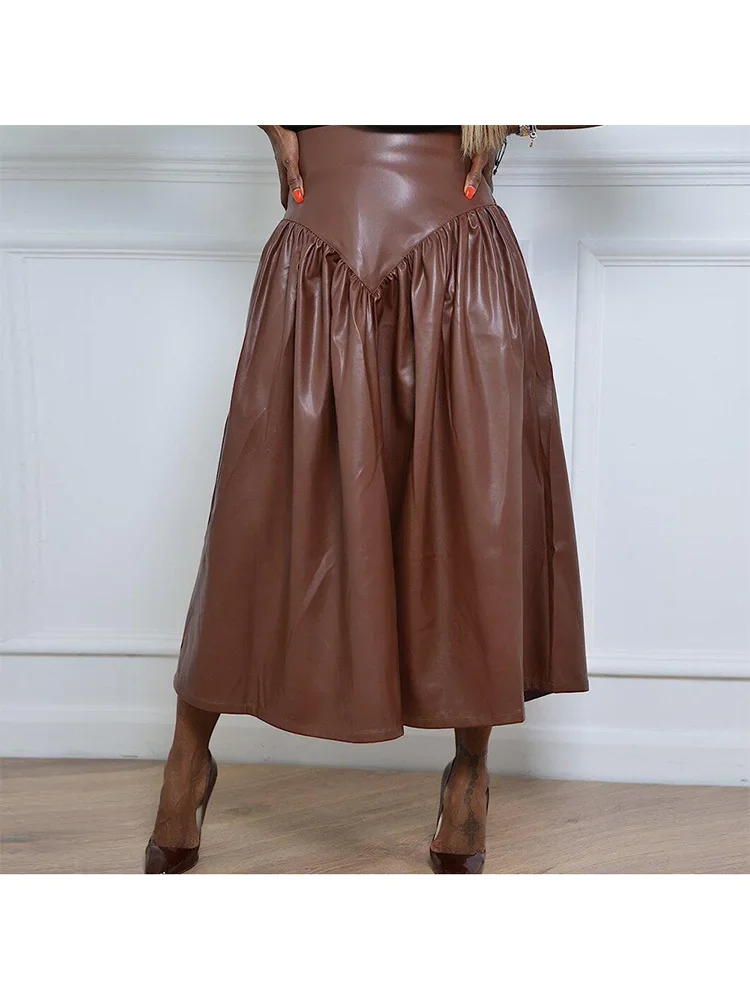 Top Trends: Women High Waist A-Line Pleated Skirt Pockets High Street Solid Y2K Faux Leather PU Skirt Vintage Autumn Female Fashion Skirts Shoppable Styles