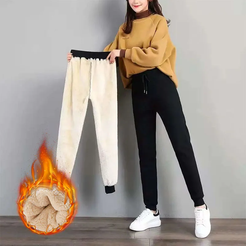 Top Trends: Women Plus Fleece Thicken Sweatpants Korean Fashion Autumn Winter Warm High Waist Lace-up Elastic Loose Casual Sports Trousers Shoppable Styles - Image 5