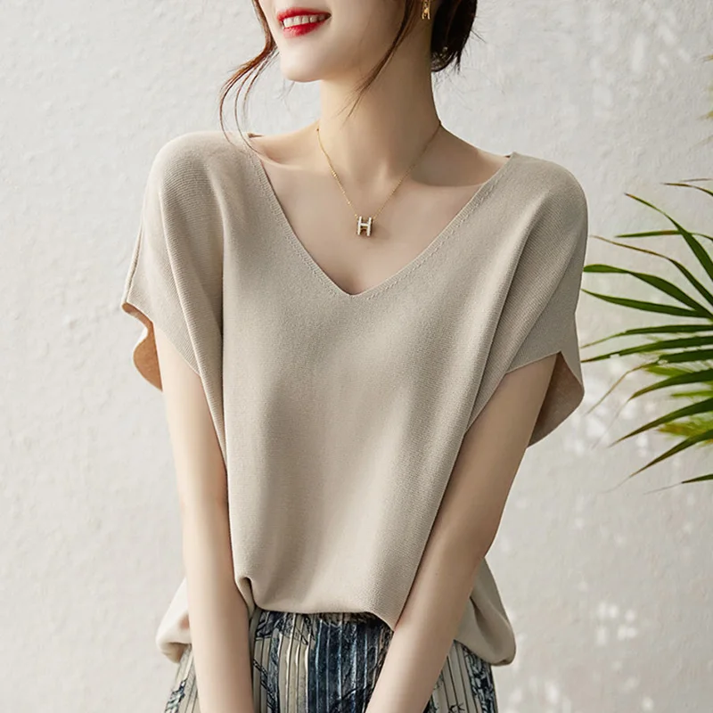 Top Trends: Fashion V-Neck Solid Color Loose Korean Blouse Women's Clothing 2023 Summer New Casual Pullovers Tops Short Sleeve Commute Shirt Shoppable Styles