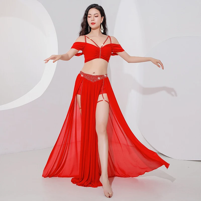 Top Trends: Belly Dance Suit Sling Top Off Shoulder Sleeves Split Skirt Practice Clothes Aldult Oriental Women Dancing Performance Clothing Shoppable Styles