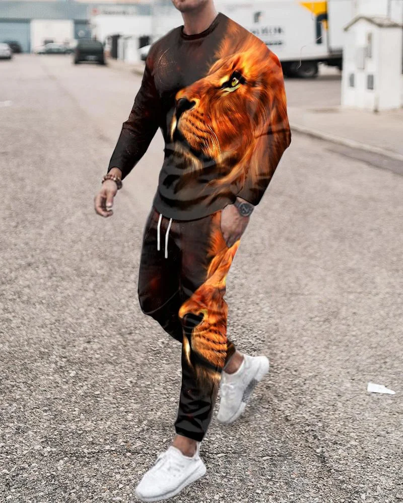 Top Trends: Ice Silk Summer Streetwear 3D Horse Lion Tiger Long Sleeve Printed Man Sportswear Tracksuit Set Men 2 Piece Men's Clothing Suit Shoppable Styles