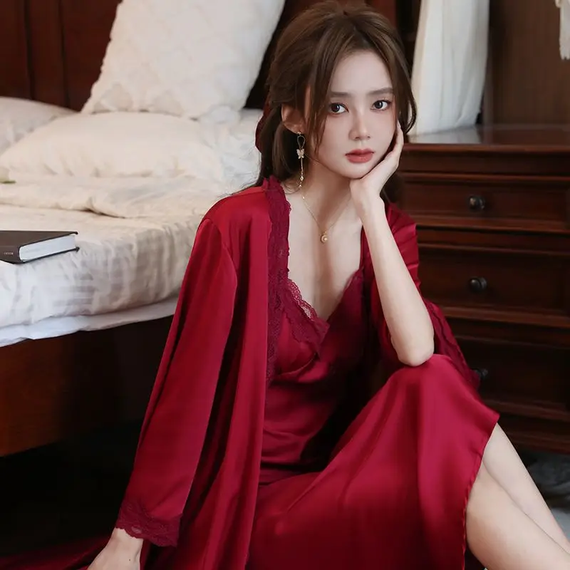 Top Trends: French Court Style Long Pajamas V-neck Lace Nightdress Red Nightwear Retro Lace Nightgown Nighty For Ladies Bridal Dressing Gown Shoppable Styles - Image 2