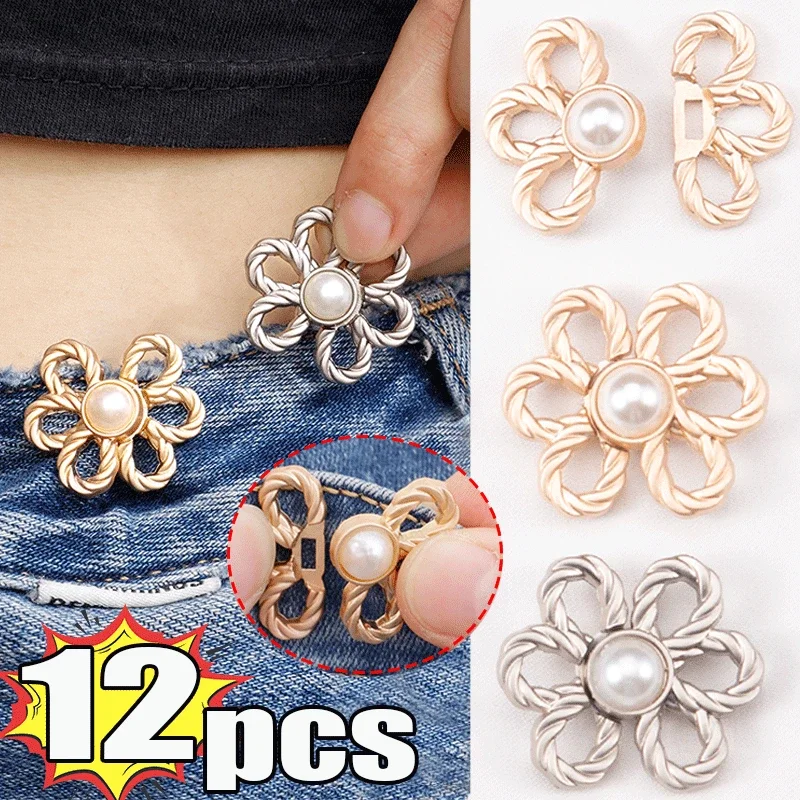 Top Trends: 2-12PCS Reusable Metal Buttons Pearl Flower Snap Fastener Pants Pin Retractable Button Sewing Buckles For Jeans Fit Reduce Waist Shoppable Styles