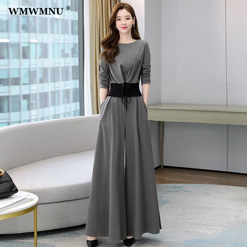 Top Trends: Korean Style Wide Leg Pant Suit Women Office Lady Elegant 2 Piece Set Vintage Bandage Waist Long Sleeve Pullover Female Outfits Shoppable Styles