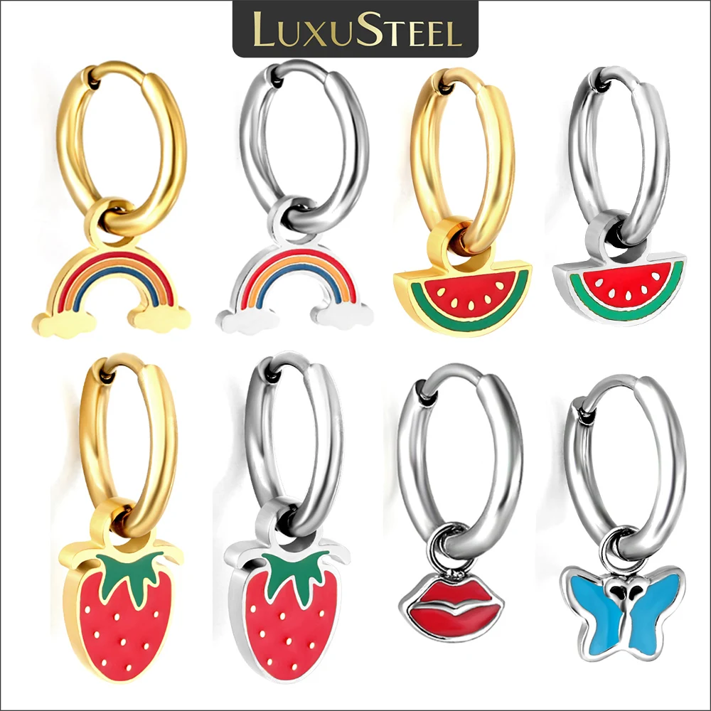 Top Trends: LUXUSTEEL Colorful Pendant Hoop Earrings For Women Girls Kids Stainless Steel Huggies With Cloud Rainbow Strawberry Butterfly Shoppable Styles