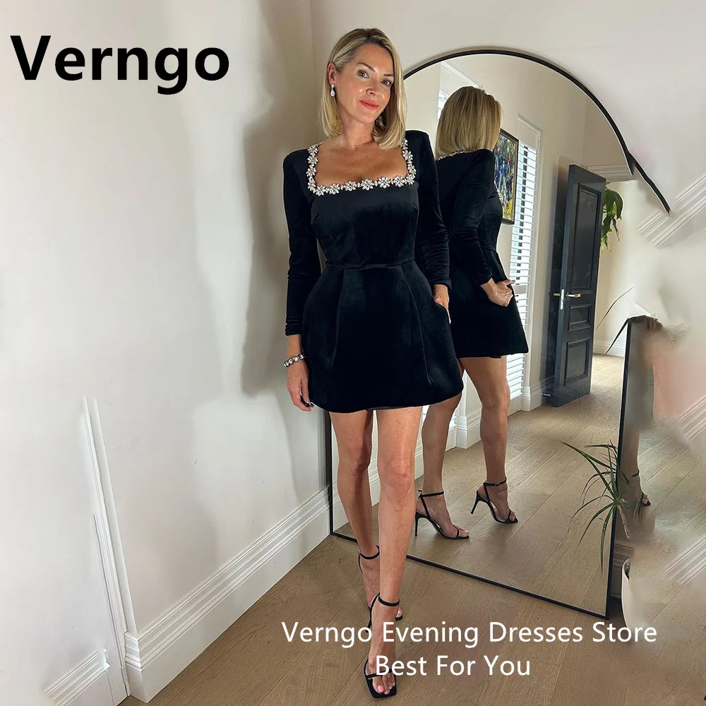 Top Trends: Verngo Velvet Crystal Mini Formal Dresses Square Collar Long Sleeves Dresses For Special Event A Line Short Simple Outfit Shoppable Styles