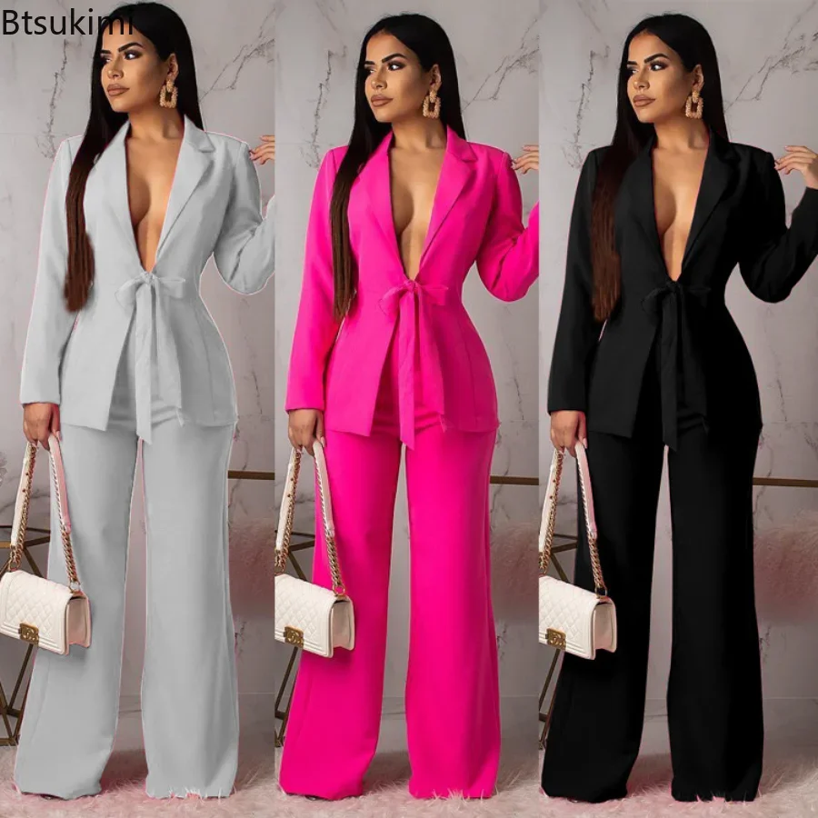 Top Trends: New 2024 Women's Formal Business Suit Sets Office Wear Two Piece Blazer Pants Sets Professional Woman Suit With Waist Tied Sets Shoppable Styles