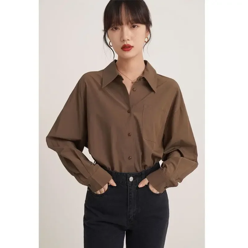 Top Trends: Deeptown Vintage Brown Shirts Women Blouses Office Wear Long Sleeve Elegant Ladies Casual Korean Fashion Loose Autumn Shirts Shoppable Styles