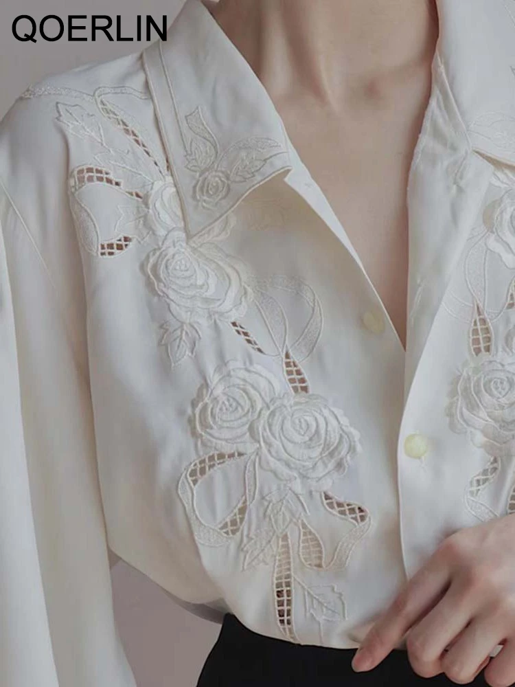 Top Trends: QOERLIN Chic Embroidered Floral Hollow Out White Shirt Luxury Spring Long Sleeve Blouse Elegant Bishop Sleeve Tops Office Ladies Shoppable Styles